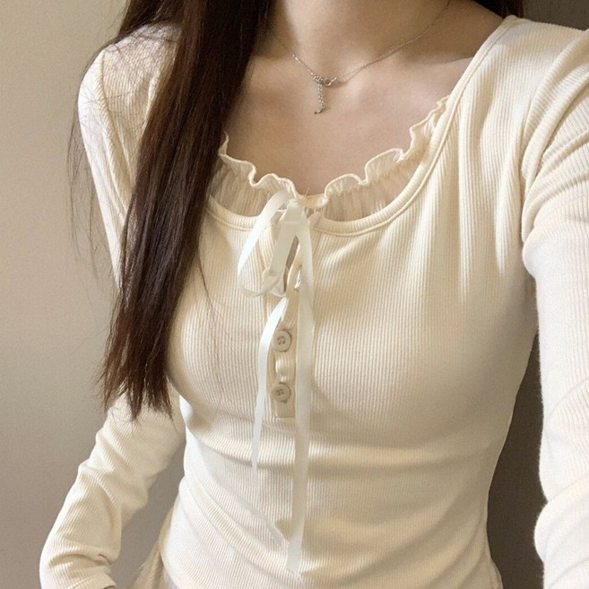 여성 가을 긴팔 페어 이어 프릴 티셔츠