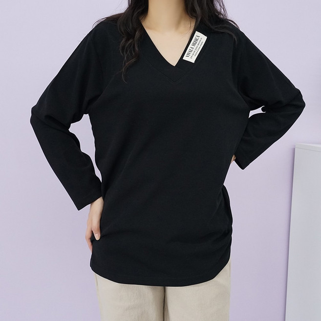 빅걸스토리 빅사이즈 여성 베이직 영문라벨 브이넥 긴팔티