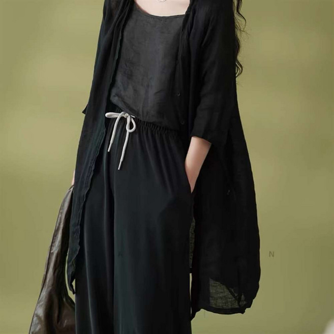 JIEVE 여성용 롱 가디건 간절기용 심플 스타일 여름 가벼운 코튼 린넨 니트 카디건