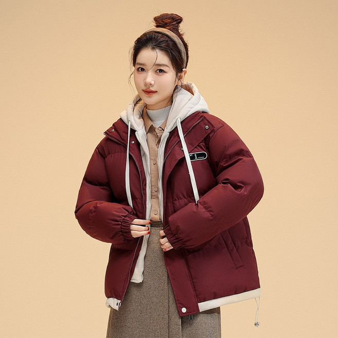 TIMEPURE 레이어드 후드 패딩점퍼 여성 겨울 가짜 투피스 패딩 남녀공용 트렌드 컬러 후드 집업 도톰한 보온 여성 페이크 투피스 오버핏 숏패딩