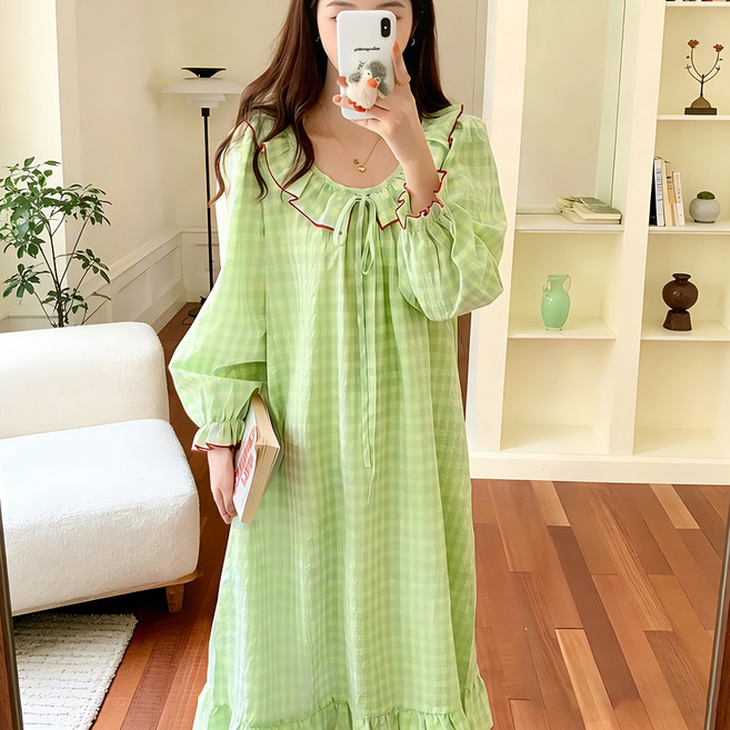 여성 캐주얼 체크 칼라 롱 스커트 프릴 슬립 스커트 1 벌 원피스