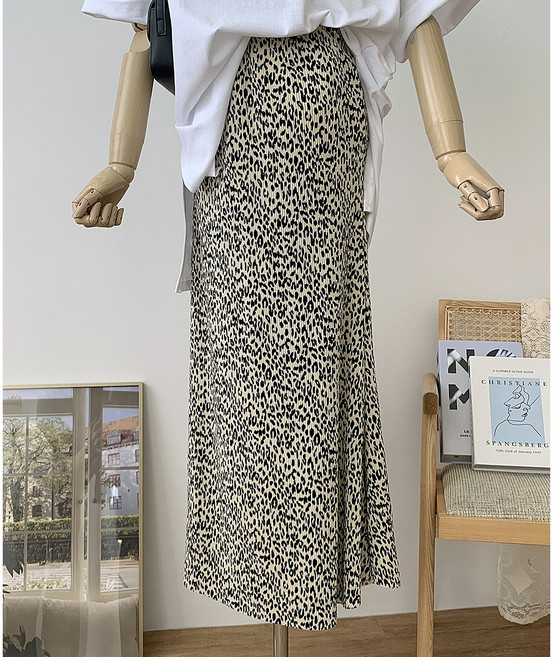 레오파드 플리츠 주름 롱 스커트