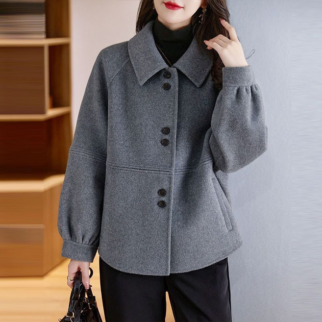 중년 여성 숏 모직 코트 가을 겨울 도톰 코트 캐주얼 중장년 엄마 아우터 기질 터틀넥 모직 코트 SYM