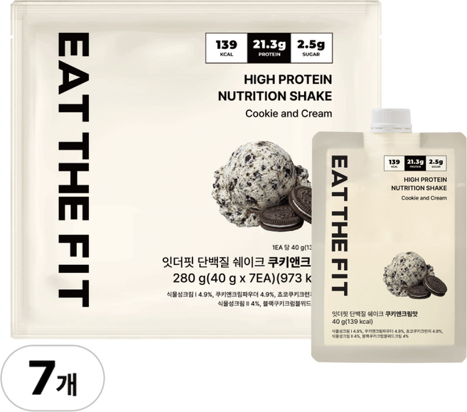 잇더핏 단백질 쉐이크 1주 플랜 쿠키앤크림맛, 7개, 40g
