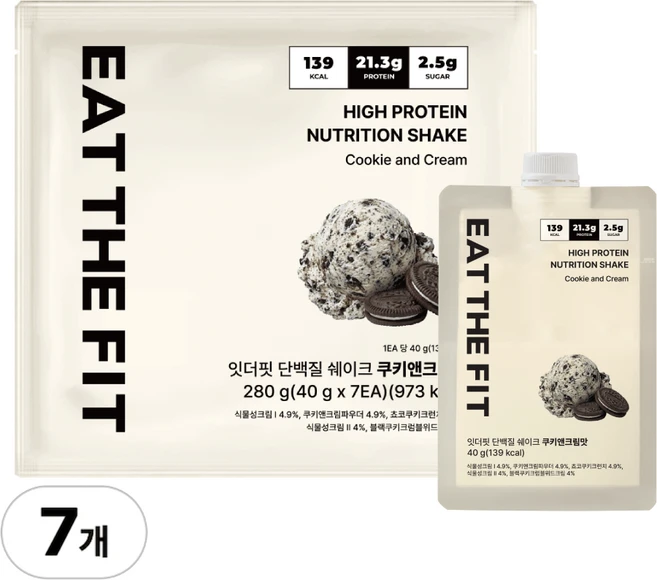 잇더핏 단백질 쉐이크 1주 플랜 쿠키앤크림맛, 7개, 40g - 쿠팡