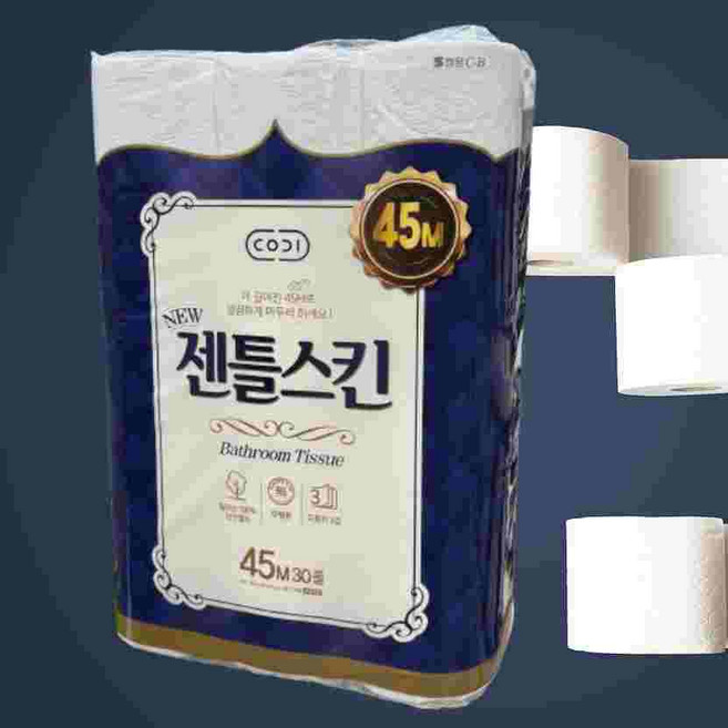 코디 고급롤휴지 젠틀리스킨 3겹도톰한화장지 45M 천연펄프 무형광 휴지(이중포장출고), 30롤, 1개