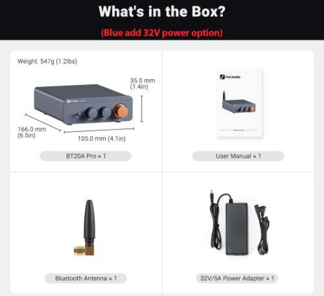 블루투스증폭기 무선수신기 Fosi Audio BT20A Pro TPA3255 Bluetooth 사운드 전력 증폭기 300W x2 홈 시어터 용 미니 HiFi 스테레오 클래스 D 앰, 5) blue add 32V power