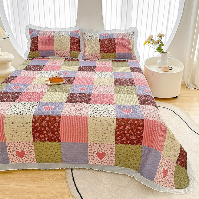 Cozy Aura 사계절 먼지없는 펄코튼 이불 겸 침대패드 스프레드, 하트핑크