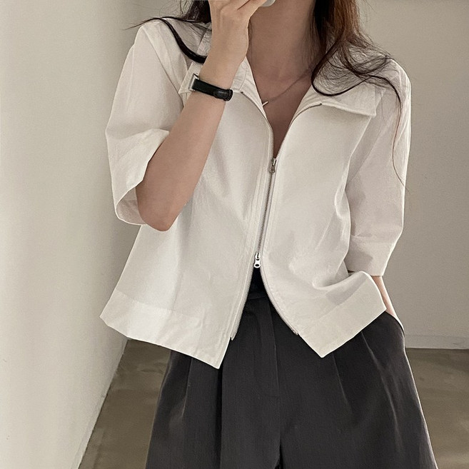 ANYOU 여성 여름 셔츠 레트로 핏 반팔 더블 지퍼 디자인 오버핏 캐주얼 상의