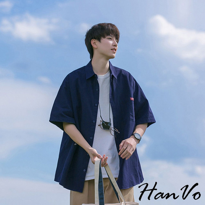 HanVo 男款復古小標籤素色短袖襯衫 - 舒適透氣潮流韓版夏季薄款