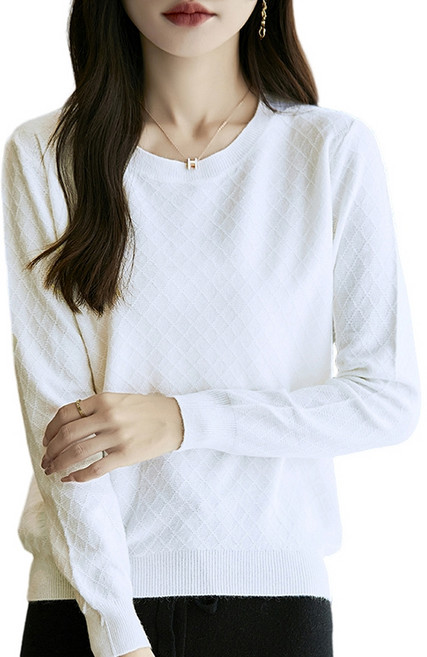 여성용 루즈핏 라운드넥 마름모 무늬 부드러운 긴팔 니트 SMY288