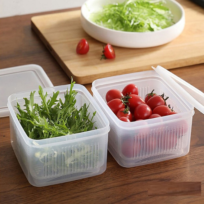 나카야 물빠짐 채반 밀폐통 사각 1100ml 야채 과일 보관용기, 2개, 본체+뚜껑