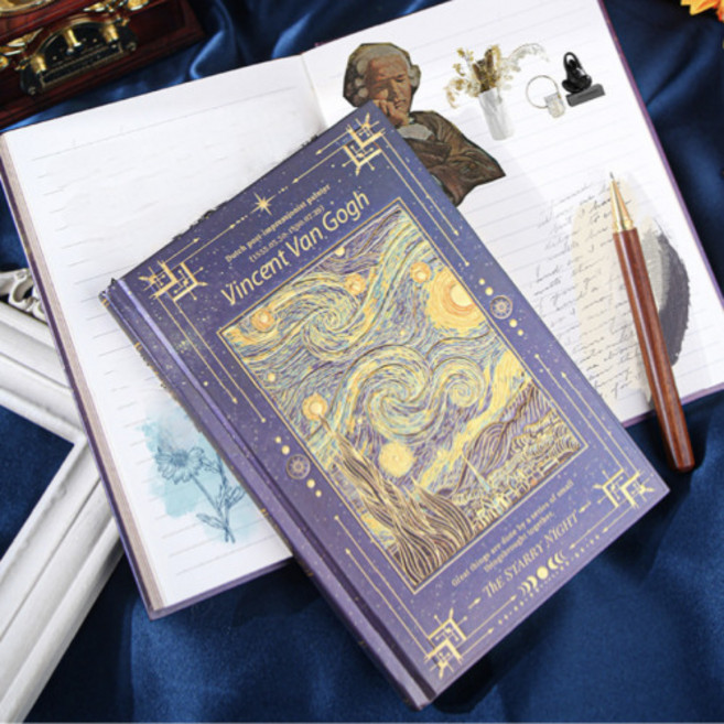 봄밤 반 고흐 금박 다이어리 노트, 1개, 네이비