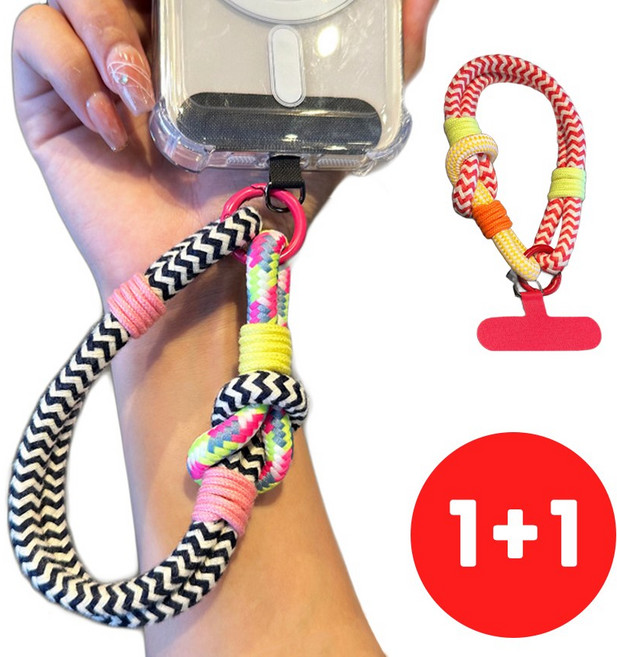 (1+1) 시크벤 휴대폰 핸드 스트랩 소매치기 도난방지 여행용 손목 스트랩줄 캔디팝, 1세트, 블랙+레드