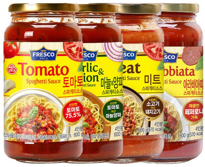 오뚜기 프레스코스파게티소스 4종 각 토마토&마늘양파&미트&페퍼로니아라비아따, 1세트