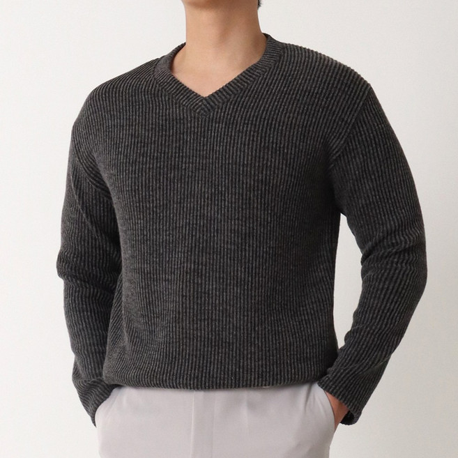 지지블랙 레핏 하찌 브이넥 골지 니트 머슬핏 티셔츠 빅사이즈