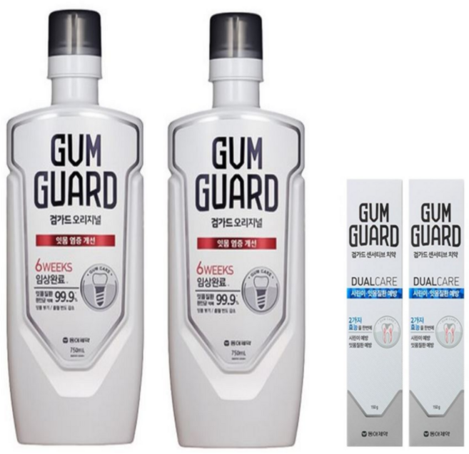 검가드 오리지널 구강청결제750ml 2개 검가드 시린이 잇몸질환 듀얼케어 치약 본품 150g 2개