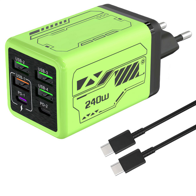 6in1 c타입 고속 충전기 240W 4USB+2PD3.0 + C TO C 1M 100w 케이블 세트CDT17888, 1세트, 그린