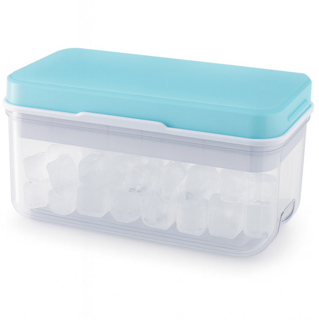 잘빠지는 실리콘 얼음트레이 원터치 푸쉬 누르는 얼음틀 아이스 큐브 메이커 냉장고 냉동실 대용량 사각 얼음 보관통 컨테이너 케이스, 블루, 1개