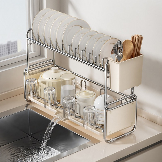 라이프리듬 자동 물빠짐 식기 건조대 미니 설거지 컵 그릇 거치대 정리대, 1세트, 크림화이트, 2단