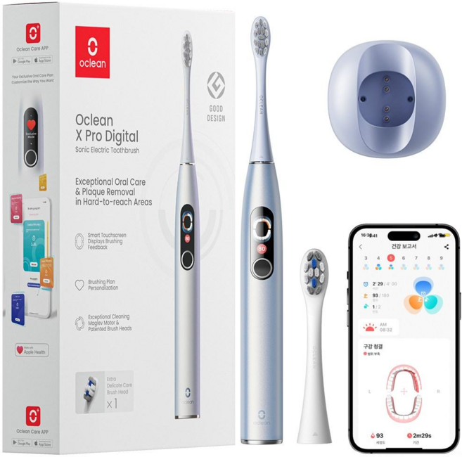 APP연동 오클린 X Pro 디지털 Oclean X Pro Digital 스마트 터치 스크린 전동칫술 분당 84000회 IPX7방수 1년무상A/S, 실버, 1개, 실버