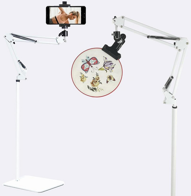 자수 후프 스탠드 회전 핸드 자수 스탠드 자수 홀더 스탠드 자유롭게 움직일 수 있음 핸드 자수 스탠드 바닥 십자수 스탠드 자수 후프에 적합 (헤어 드라이어 클램프 포함), White, 1개, 화이트