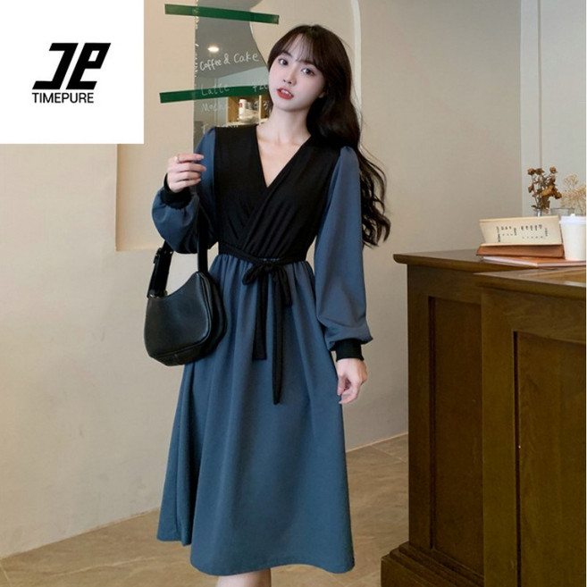 TIMEPURE 여성 봄 가을 리본 타이 V넥 슬림핏 허리라인 강조 원피스 우아한 스타일 긴발 원피스