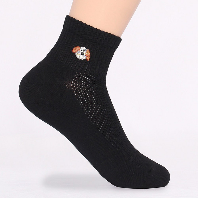 이너피아 강아지 자수 여름 메쉬 단목 양말 귀여운 검정 흰 면 발목 양말 5켤레