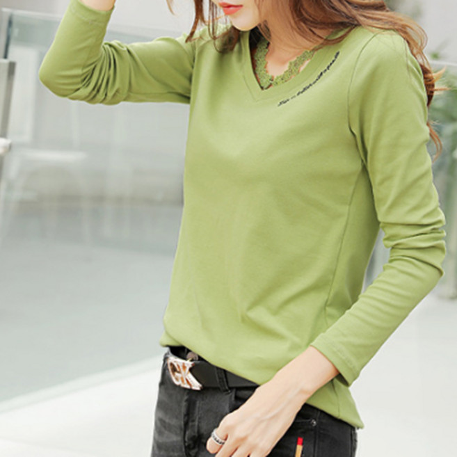 데일로엔 가슴 포인트 레이스 브이넥 여성용 긴팔 티셔츠