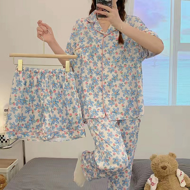 미야미 [3피스] 체크 반팔 카라넥 여름 홈웨어 파자마 세트