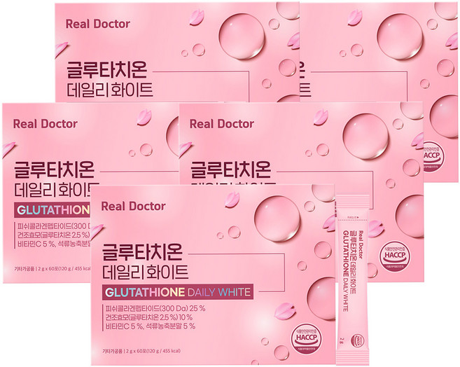 리얼닥터 글루타치온 데일리 화이트 60회분 어린저분자콜라겐 300달톤 고함량글루타치온 피부미백 간보호 히알루론산 엘라스틴, 5박스