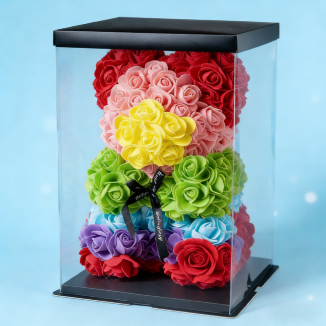 장미꽃곰돌이 로즈베어 장미곰돌이 플라워곰 조화 꽃다발 기념일 생일 결혼 신혼 선물 인테리어조화, 1개, 무지개색