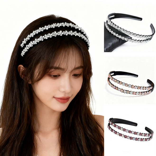 Equator 큐빅 머리띠 2줄 머리띠 두줄 꽃 헤어밴드 3개 세트 선물 엄마선물 명절선물