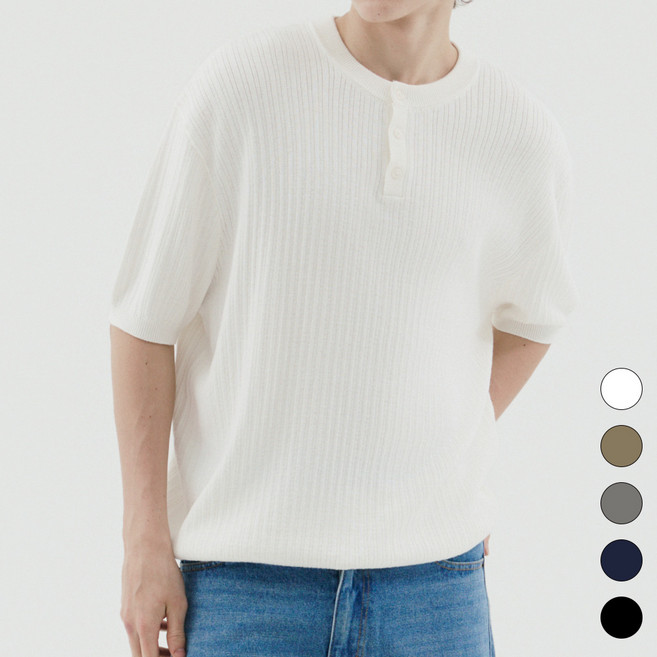트래드클럽 나루 버튼다운 헨리넥 사계절 반팔 니트 (5컬러 M~5XL)