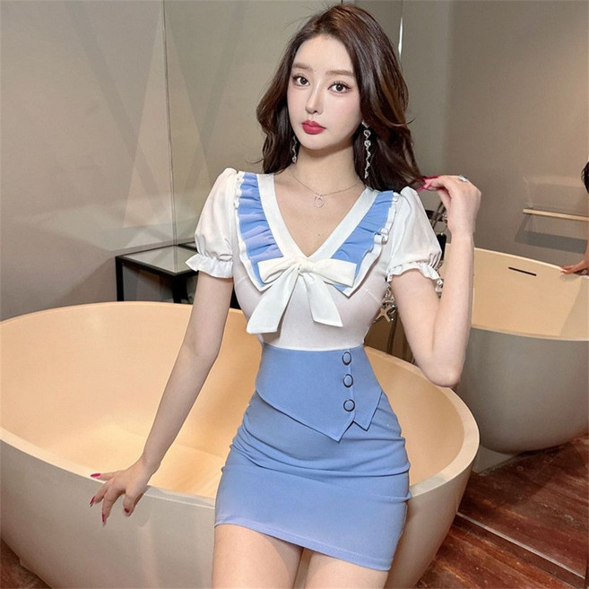 besteffie 미니원피스 여성용 미니 드레스 레이스 장식 V넥 타이트 원피스 바캉스 클럽의상 E56