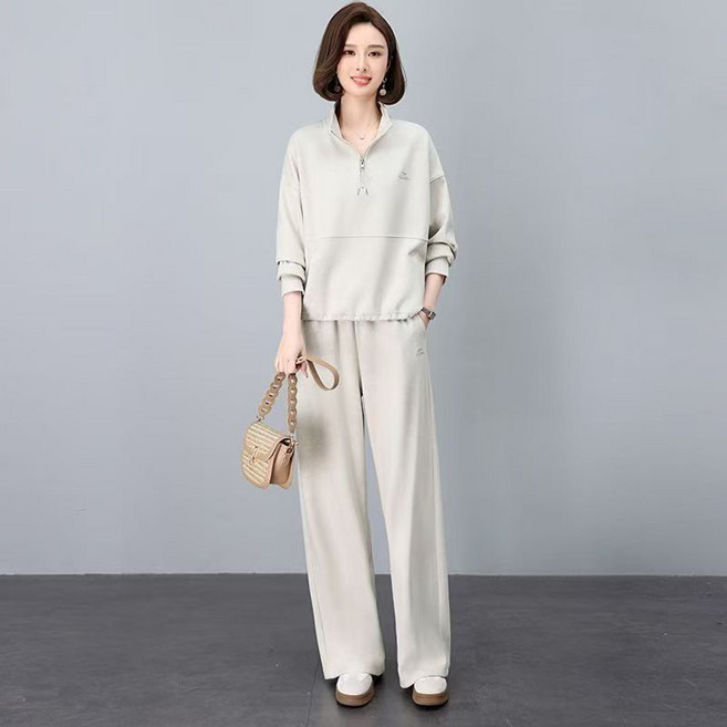 중년 여성 트레이닝복 세트 캐주얼 봄 가을 긴팔 반집업 맨투맨 + 하이웨이스트 일자 팬츠 상하의 투피스 기질 엄마 운동복 WXY