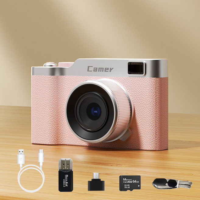 해브유 고화질 미니 빈티지 디지털 카메라 소형 휴대용 여행용+64G메모리카드, 핑크