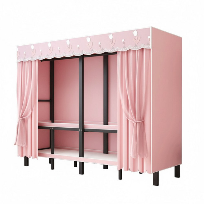 잇츠션 강철프레임 시스템행거 비키니옷장 장농 드레스룸 원룸 철제 조립식 튼튼한 가구, 핑크 커튼