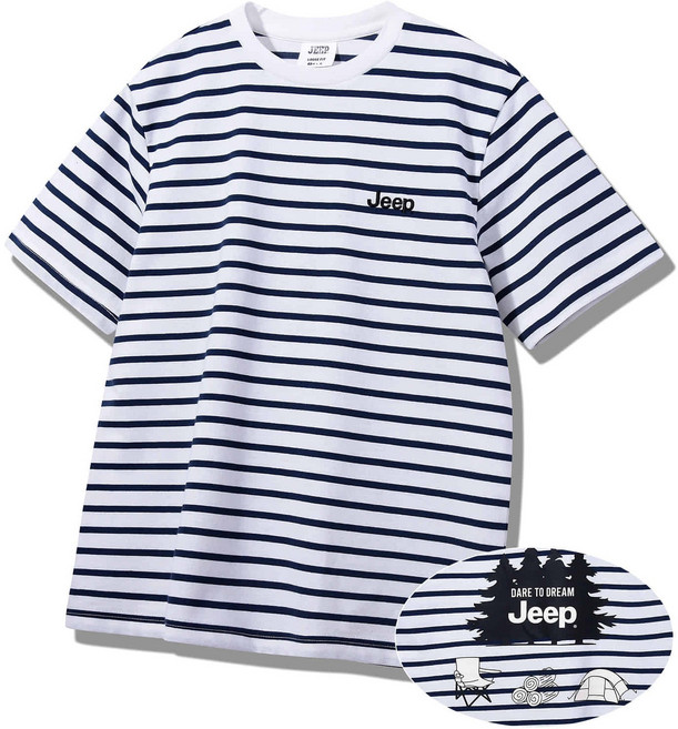 Jeep 남녀공용 루즈핏 캠핑 로고 스트라이프 반팔티 반팔티셔츠