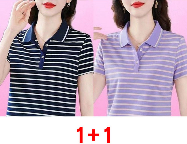 1+1 중년 여성 스트라이프 반팔 티셔츠 봄 여름 패션 줄무늬 반팔티 루즈핏 캐주얼 폴로넥 셔츠 WMY