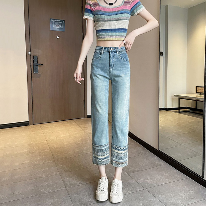 셀럽당 여자 바지 여름 청바지 얇은 하이웨이스트 와이드 스트레이트 여성 팬츠 S02201