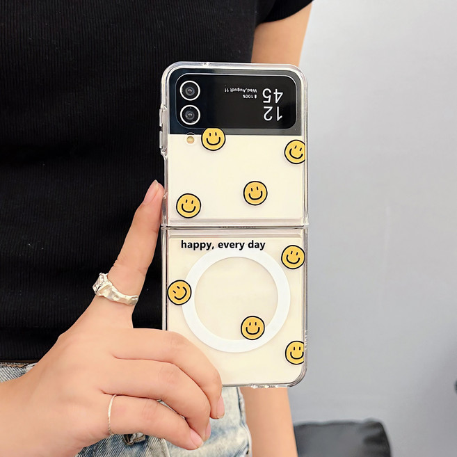 얌코 휴대폰 케이스 갤럭시 z플립4 z플립5 z플립6 z플립7 투명 맥세이프 케이스 노란 미소