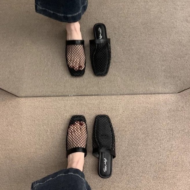 COSYEVNO 여성용 메쉬 소재 스퀘어토 플랫 뮬 샌들 LFHtx-4