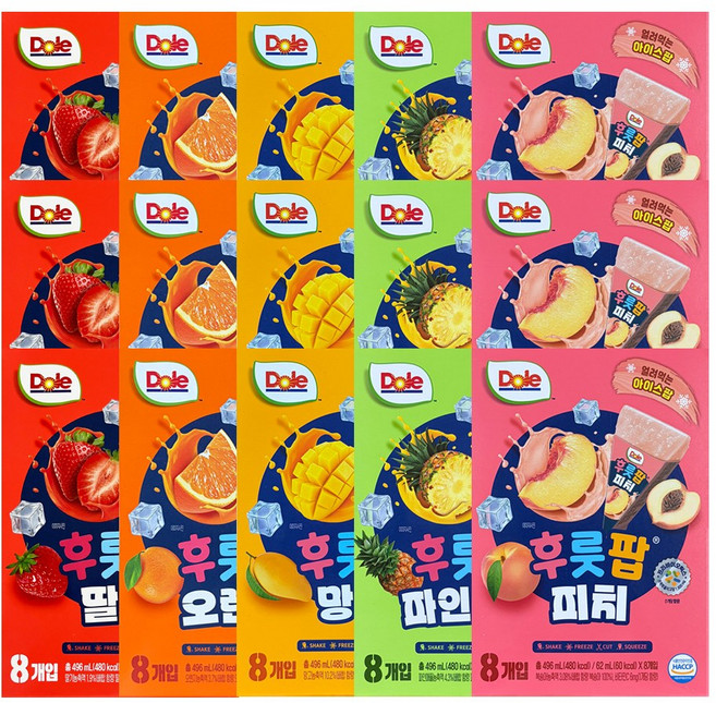 DOLE 돌후룻팝 5종혼합 (망고3 오렌지3 피치3 파인애플3 딸기3), 15개, 496ml