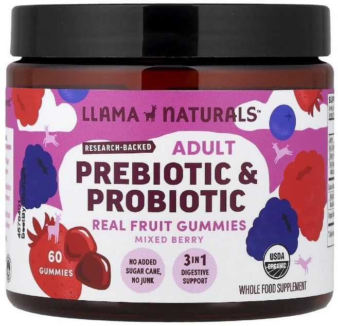 Llama Naturals 성인용 프리바이오틱 및 프로바이오틱 과일 구미젤리 혼합 베리 맛 60개, Llama Naturals, 성인용 프리바이오틱 및 프, 1개, 60 - 쿠팡