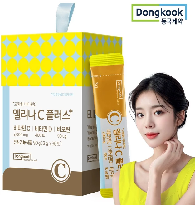 동국제약 고함량 비타민 엘리나C 2000 플러스 비타민C+비오틴+비타민D 레몬맛, 90g, 1개 - 쿠팡