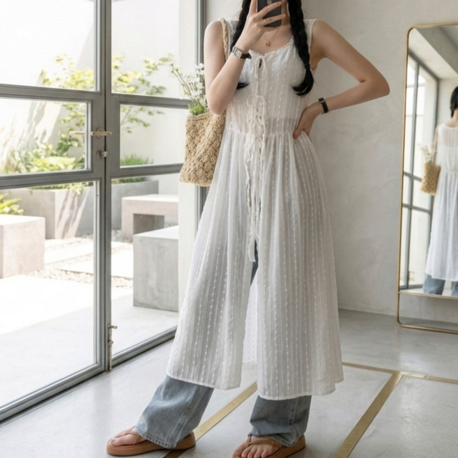 스타일원 레이스 레이어드 롱 뷔스티에 시스루 펀칭 망사 원피스