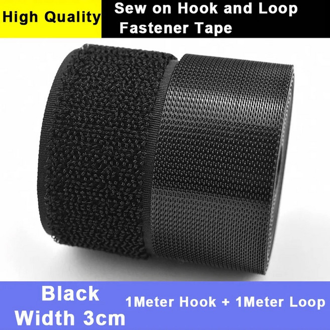바느질 후크 및 루프 패스너 테이프 슈퍼 소프트 나일론 스트립 비접착 인터로킹 DIY 매직 액세서리 1m, Black 3cm wide