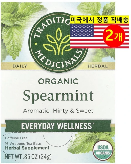 Traditional Medicinals 스트레스 수면 건강 관리 아로마틱 오가닉 스피어민트 ​​허브 티 무카페 16개입 24g 1개, 2개 - 쿠팡