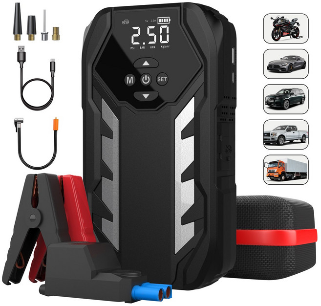 Shipshape 긴급시동 차량용 점프 스타터 보조배터리 타이어 공기압주입기 스마트 케이블 대용량 배터리 일체형 스마트시동 오토바이 보조배터리 긴급시동, 8000mAh, 1개